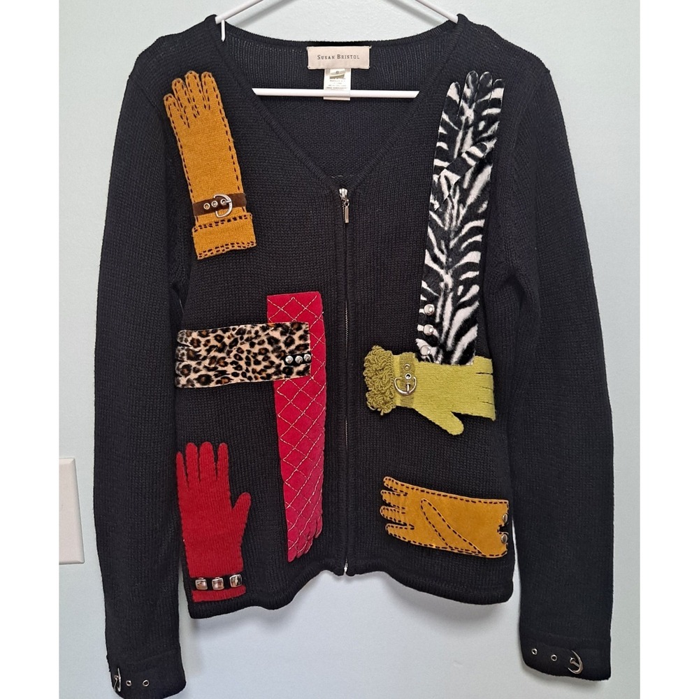 Vintage Susan Bristol Black Multicolor Glove Pattern Zip Cardigan Sweater Small